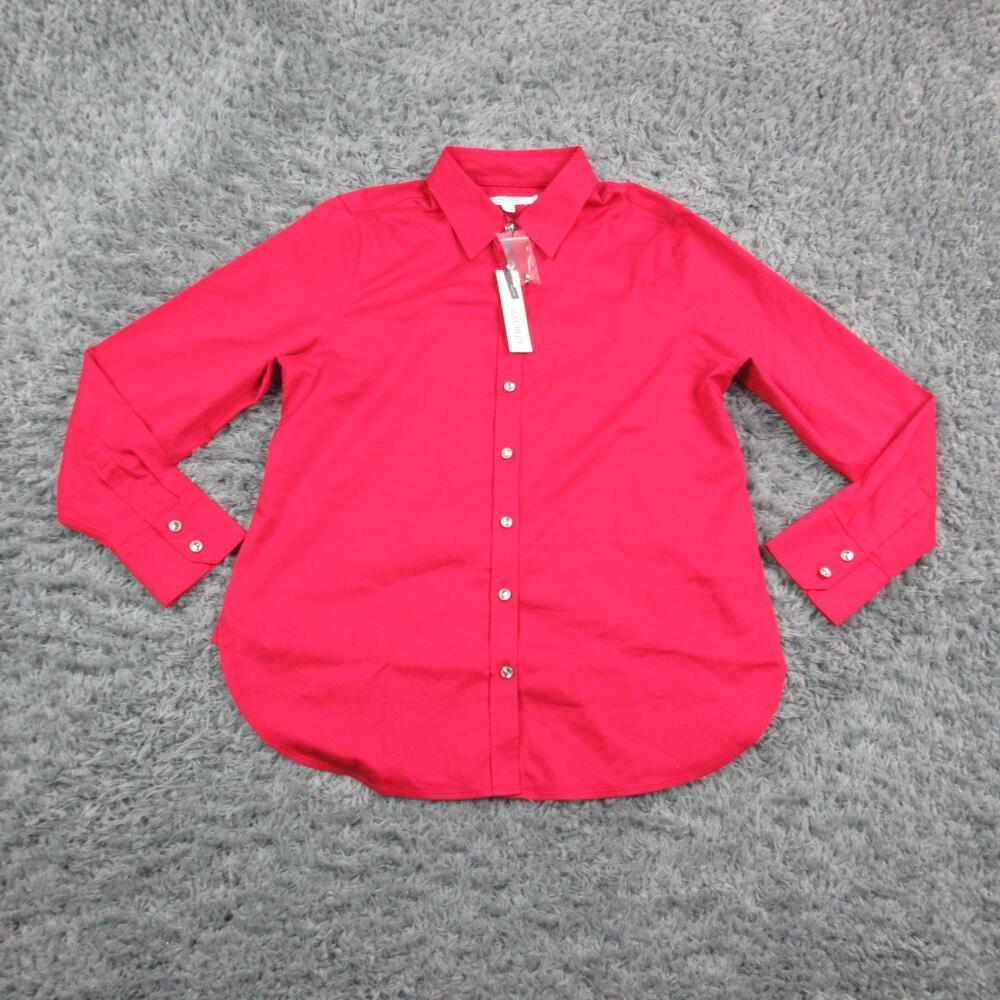 Chicos Shirt Womens 6 Red No Iron Stretch Rhinestone Button Up Long Sleeve NWT